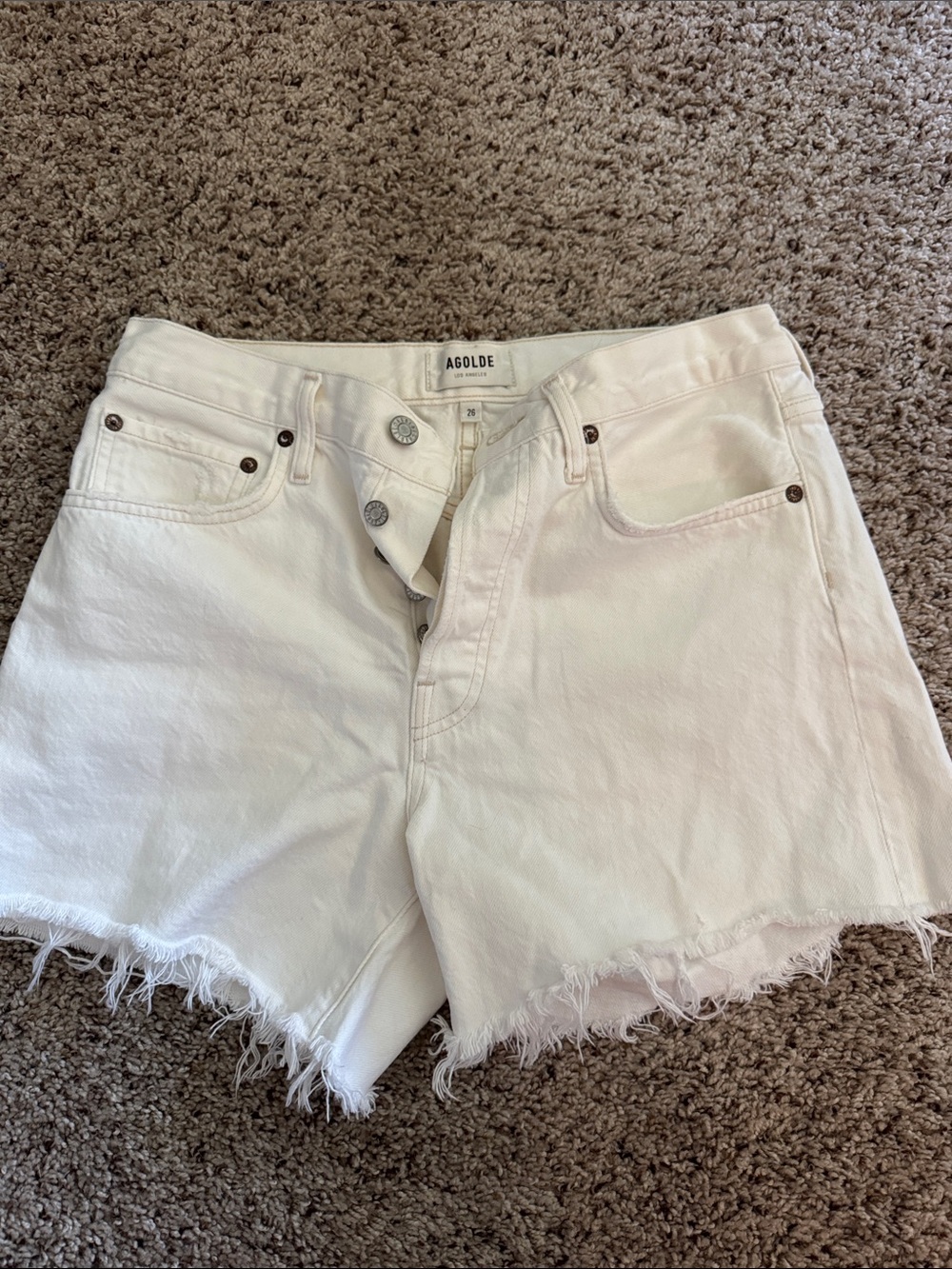 Agolde White Raw Hem Denim Shorts